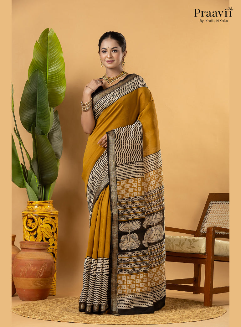 Mustard Maheshwari Silk by Cotton Saree with Hand Block Print