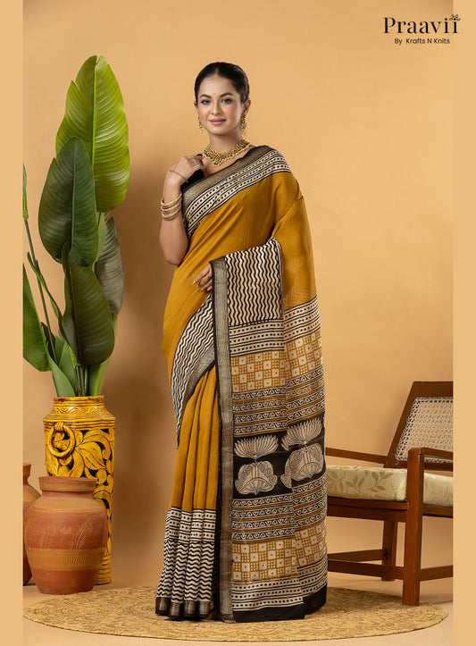 Mustard Maheshwari Silk by Cotton Saree with Hand Block Print