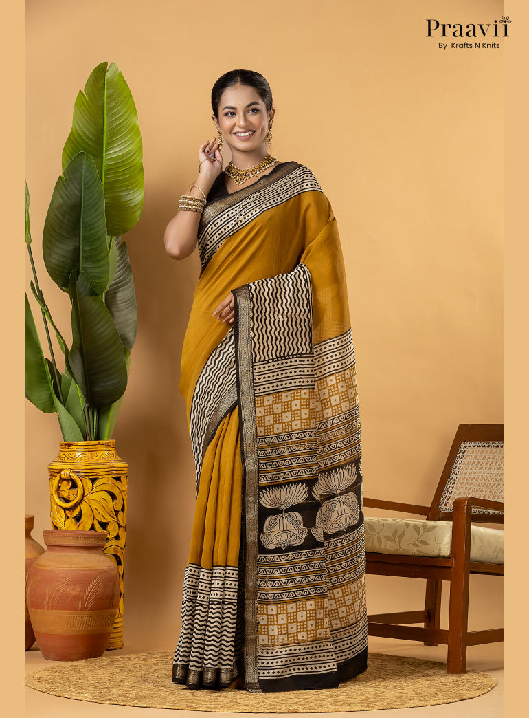 Mustard Maheshwari Silk by Cotton Saree with Hand Block Print