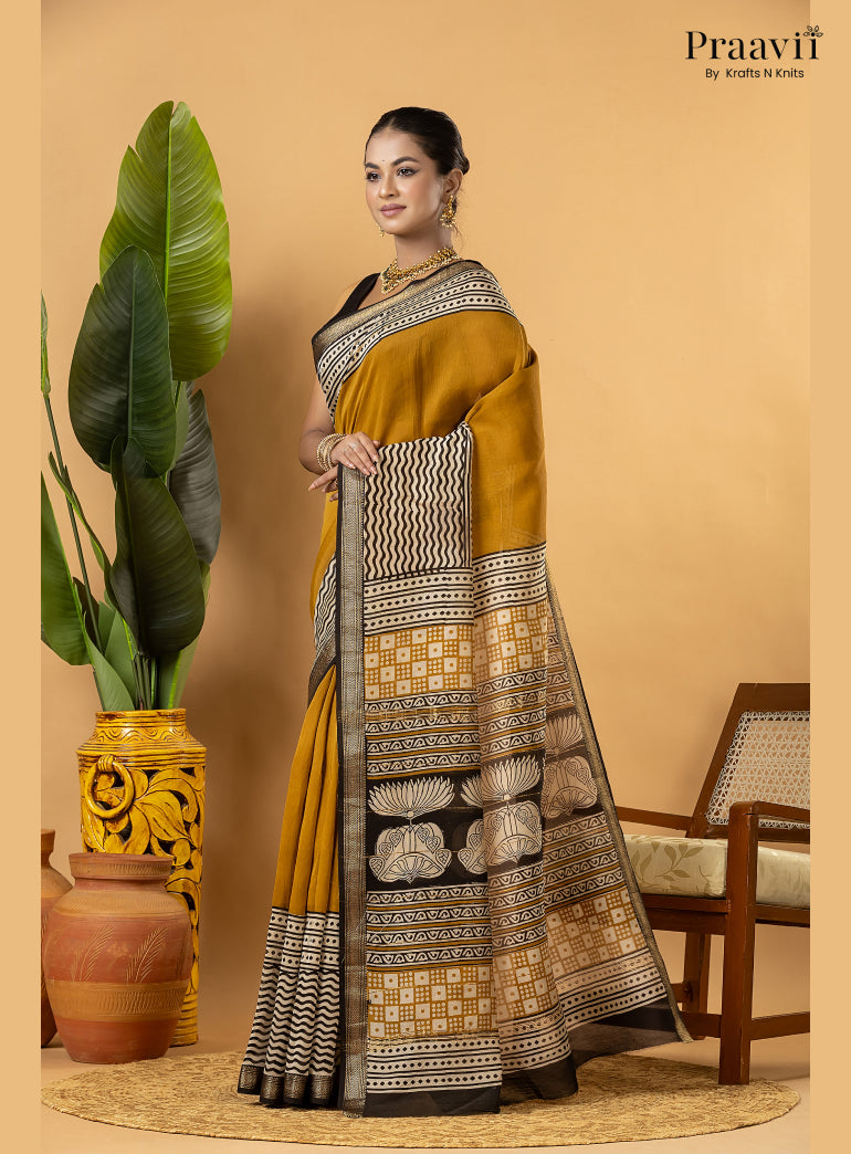 Mustard Maheshwari Silk by Cotton Saree with Hand Block Print