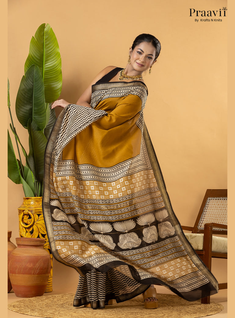 Mustard Maheshwari Silk by Cotton Saree with Hand Block Print