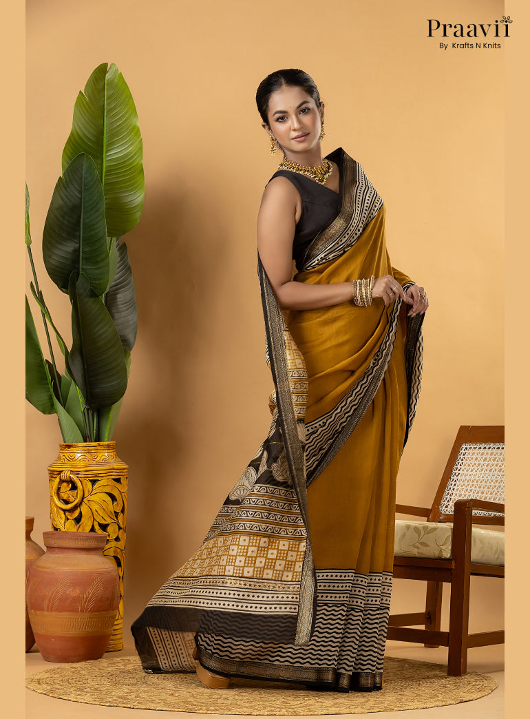 Mustard Maheshwari Silk by Cotton Saree with Hand Block Print