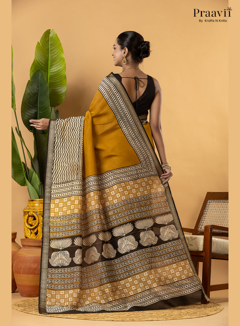 Mustard Maheshwari Silk by Cotton Saree with Hand Block Print
