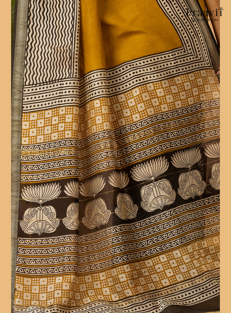 Mustard Maheshwari Silk by Cotton Saree with Hand Block Print