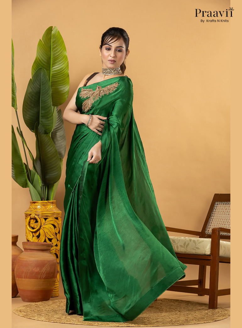 Green Designer Crepe Satin Saree
