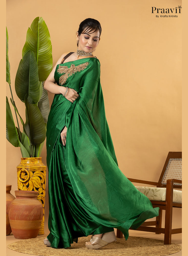Green Designer Crepe Satin Saree