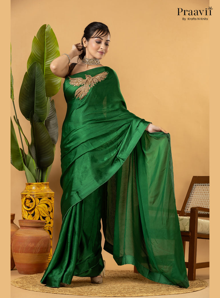 Green Designer Crepe Satin Saree