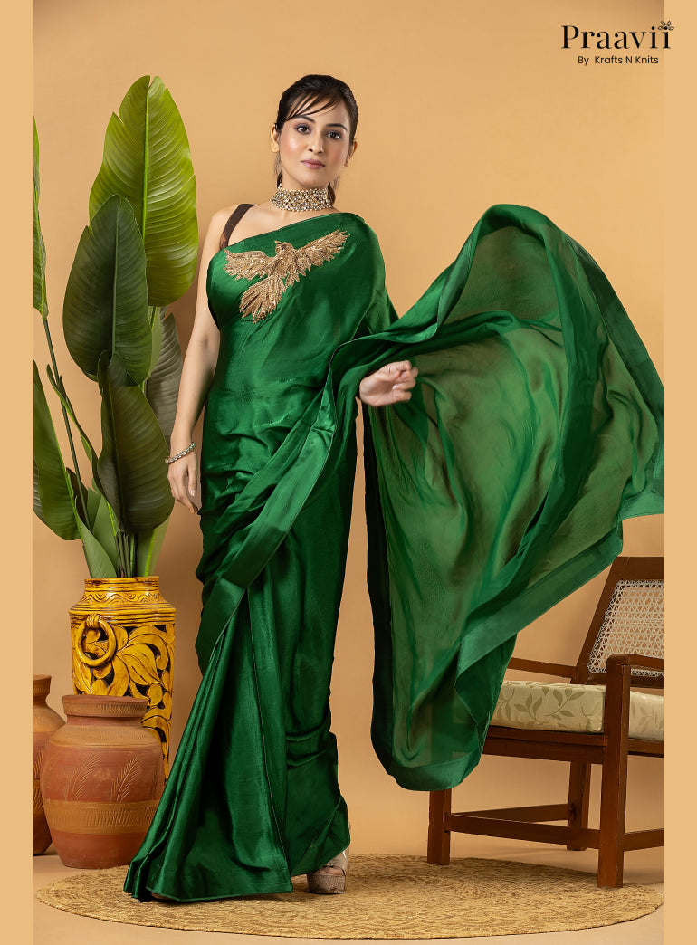 Green Designer Crepe Satin Saree