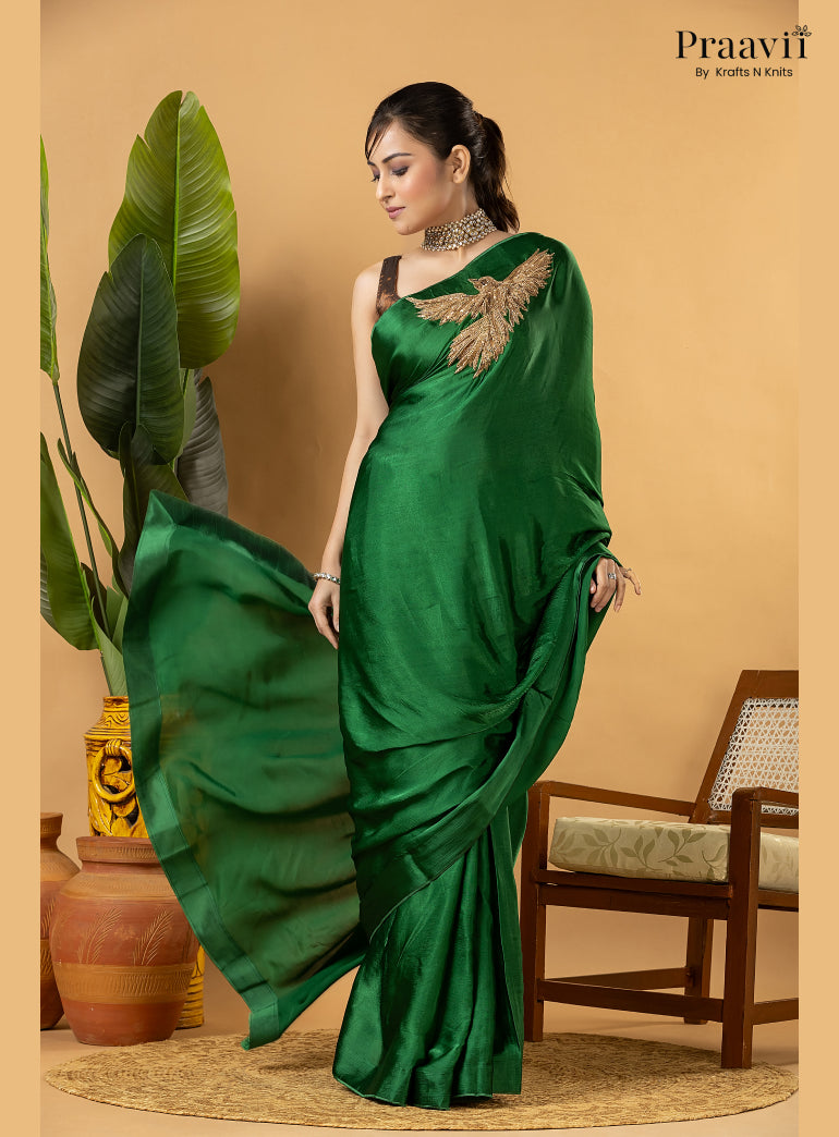 Green Designer Crepe Satin Saree