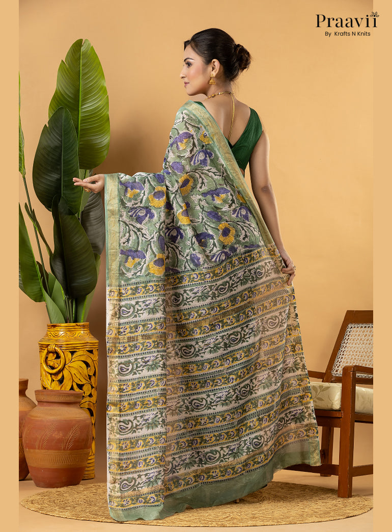 White Maheshwari Silk by Cotton Saree with Hand Block Print