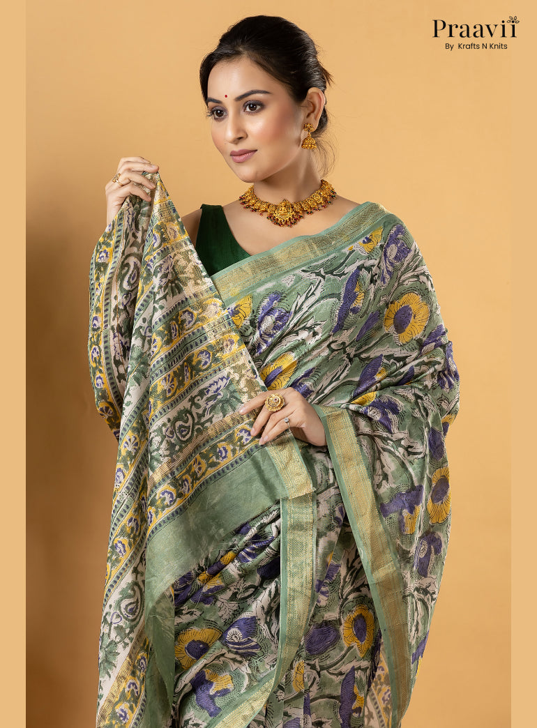 White Maheshwari Silk by Cotton Saree with Hand Block Print
