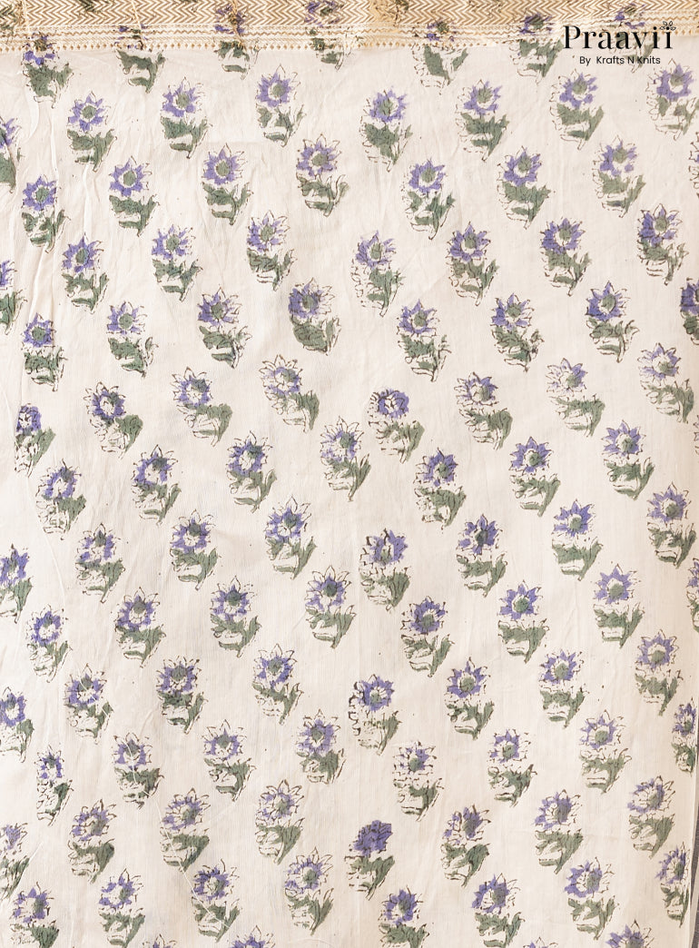 White Maheshwari Silk by Cotton Saree with Hand Block Print