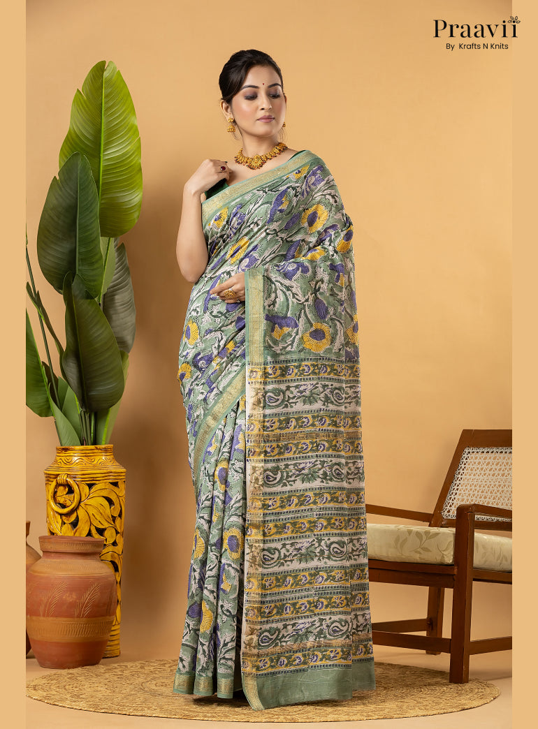 White Maheshwari Silk by Cotton Saree with Hand Block Print