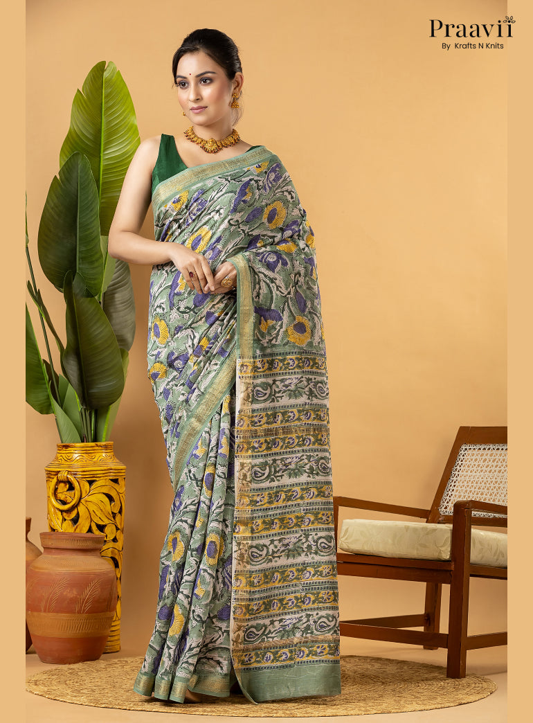 White Maheshwari Silk by Cotton Saree with Hand Block Print