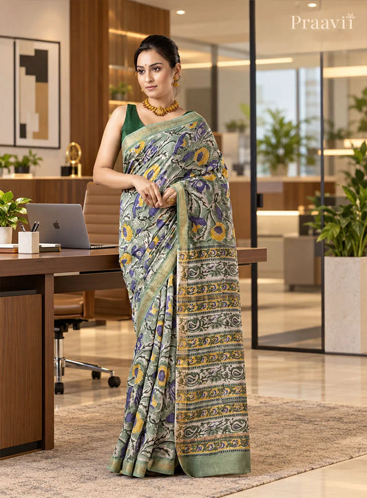 White Maheshwari Silk by Cotton Saree with Hand Block Print