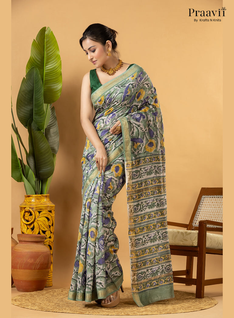 White Maheshwari Silk by Cotton Saree with Hand Block Print