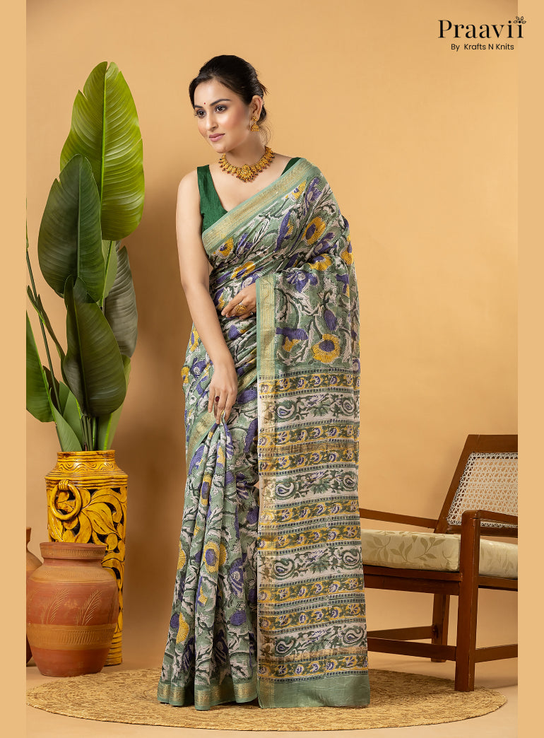 White Maheshwari Silk by Cotton Saree with Hand Block Print