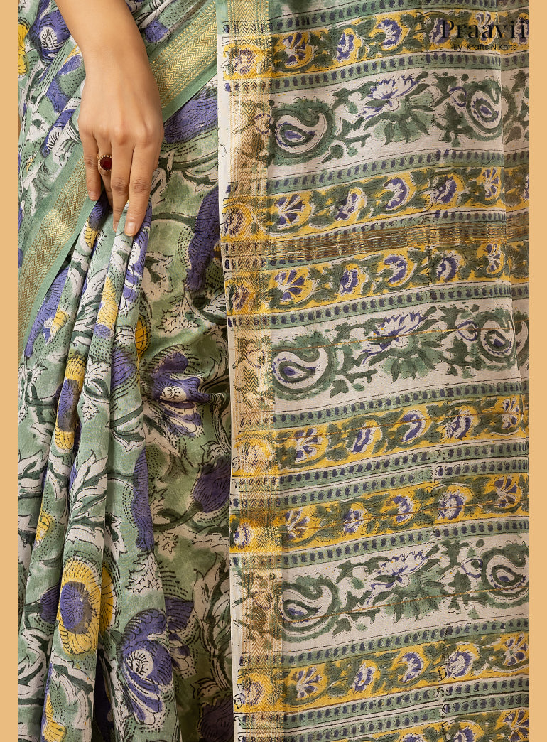 White Maheshwari Silk by Cotton Saree with Hand Block Print