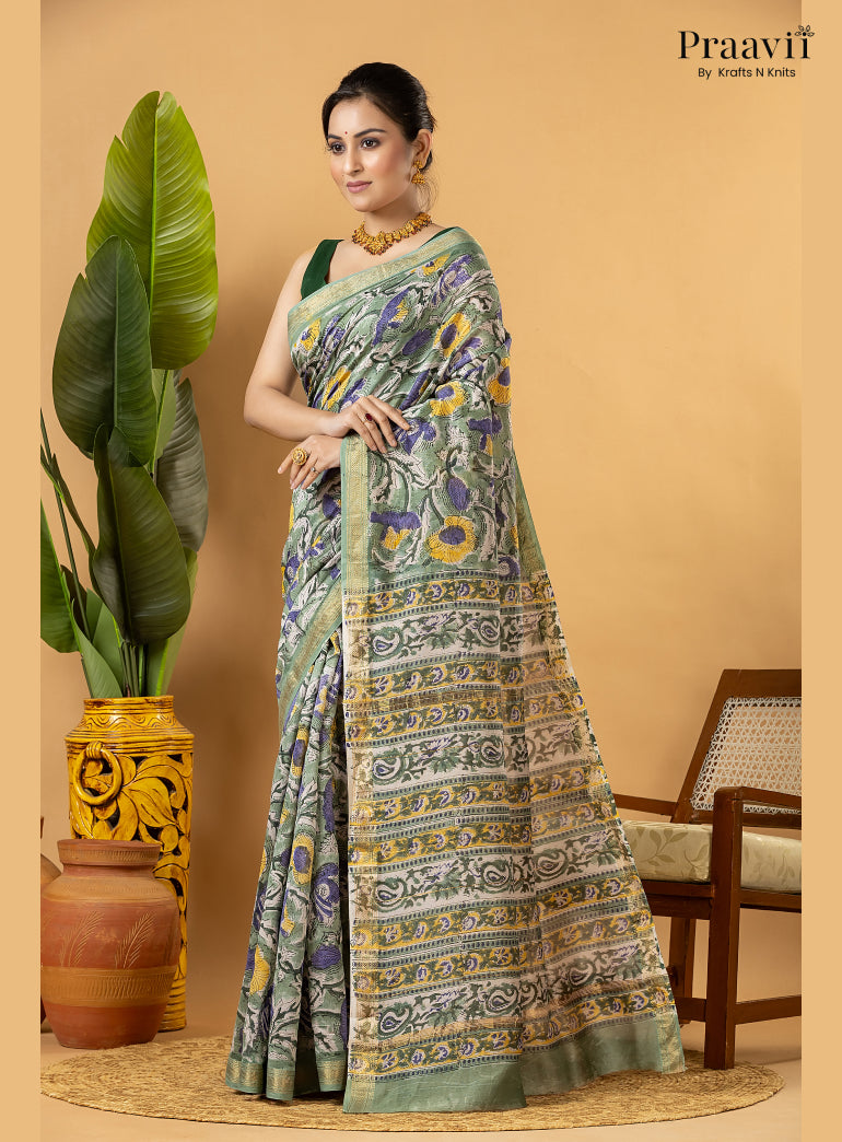 White Maheshwari Silk by Cotton Saree with Hand Block Print