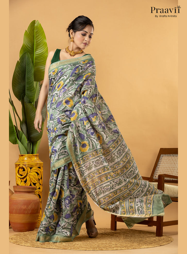 White Maheshwari Silk by Cotton Saree with Hand Block Print