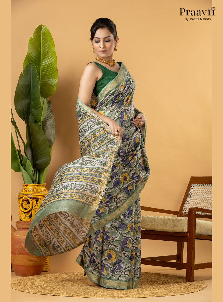 White Maheshwari Silk by Cotton Saree with Hand Block Print