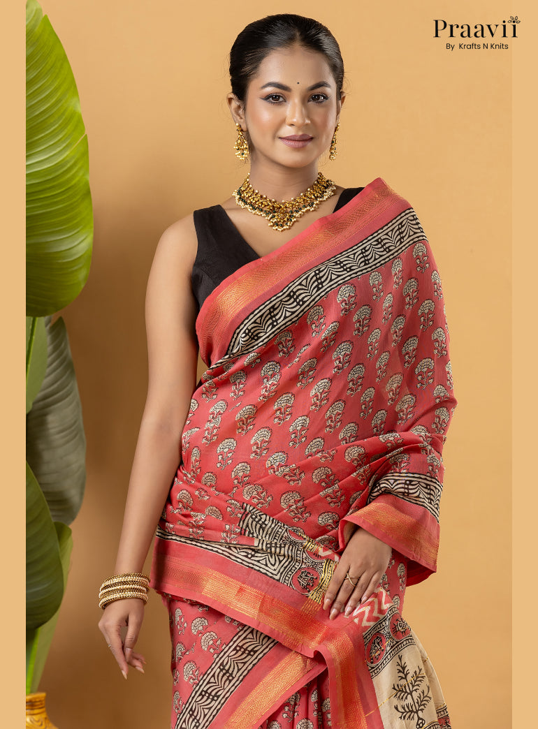 Pink Maheshwari Silk by Cotton Saree with Hand Block Print
