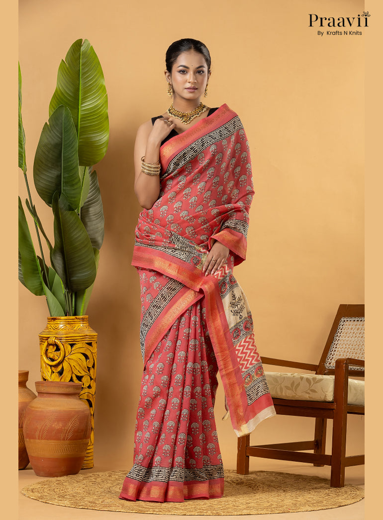 Pink Maheshwari Silk by Cotton Saree with Hand Block Print