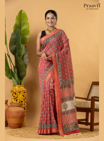 Pink Maheshwari Silk by Cotton Saree with Hand Block Print