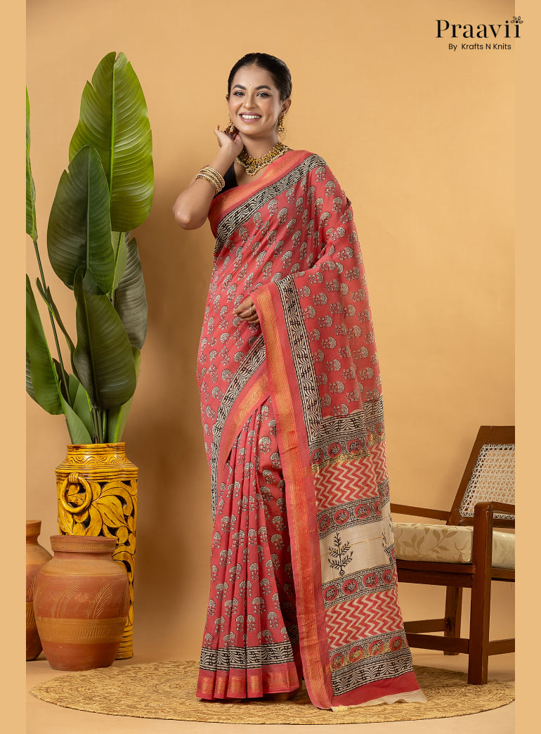 Pink Maheshwari Silk by Cotton Saree with Hand Block Print