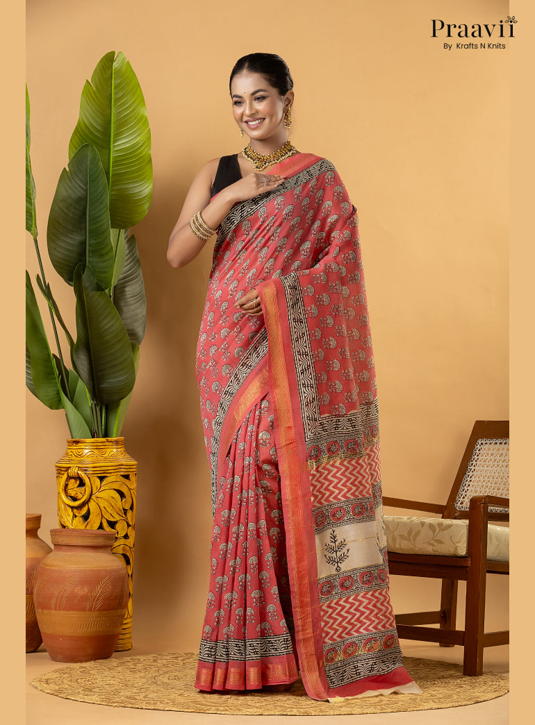 Pink Maheshwari Silk by Cotton Saree with Hand Block Print