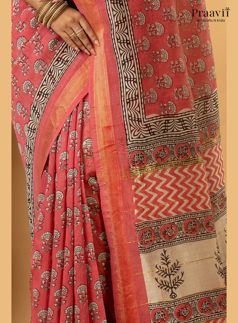 Pink Maheshwari Silk by Cotton Saree with Hand Block Print
