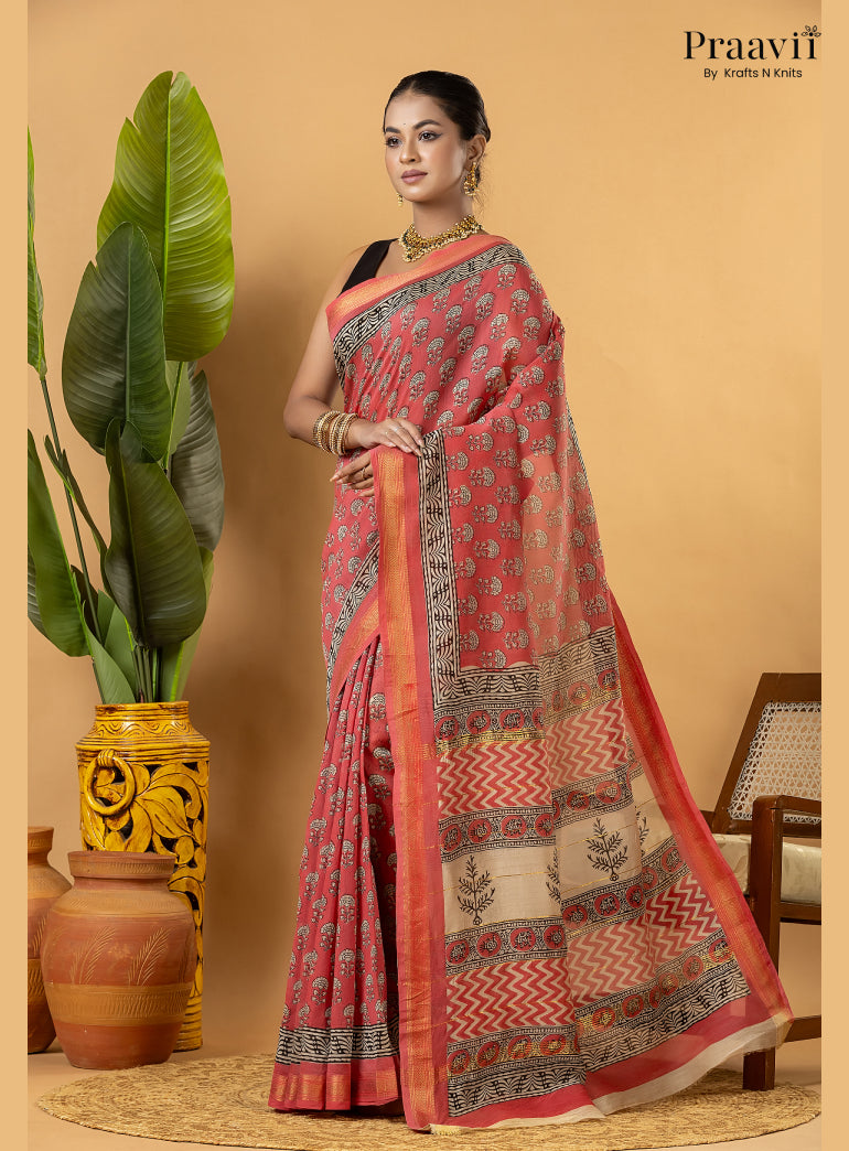Pink Maheshwari Silk by Cotton Saree with Hand Block Print
