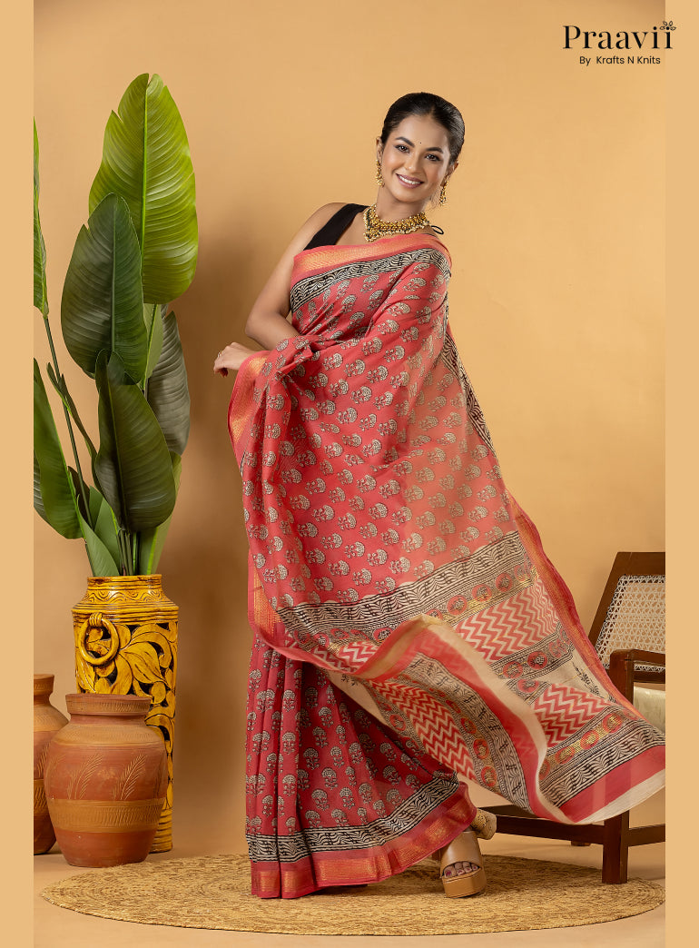 Pink Maheshwari Silk by Cotton Saree with Hand Block Print