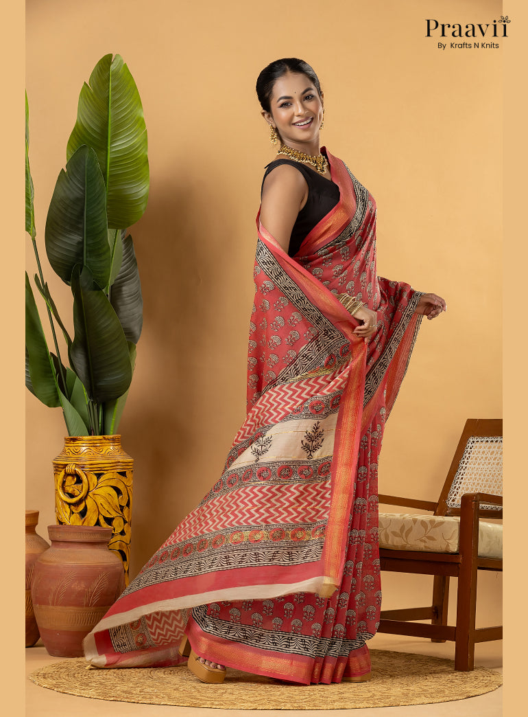 Pink Maheshwari Silk by Cotton Saree with Hand Block Print