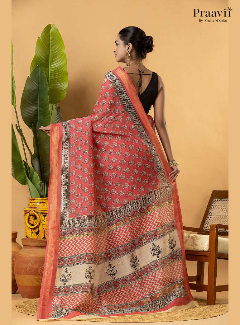 Pink Maheshwari Silk by Cotton Saree with Hand Block Print