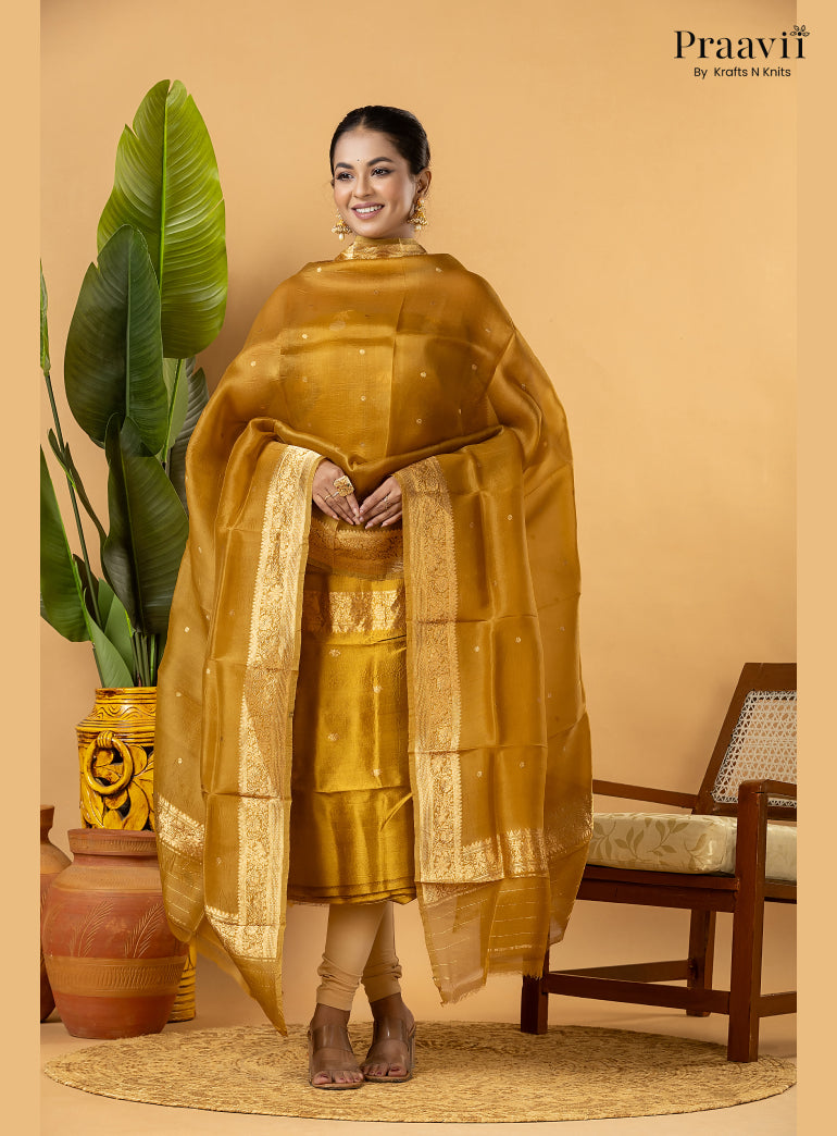 Lime Gold Pure Banarasi Silk Suit Set