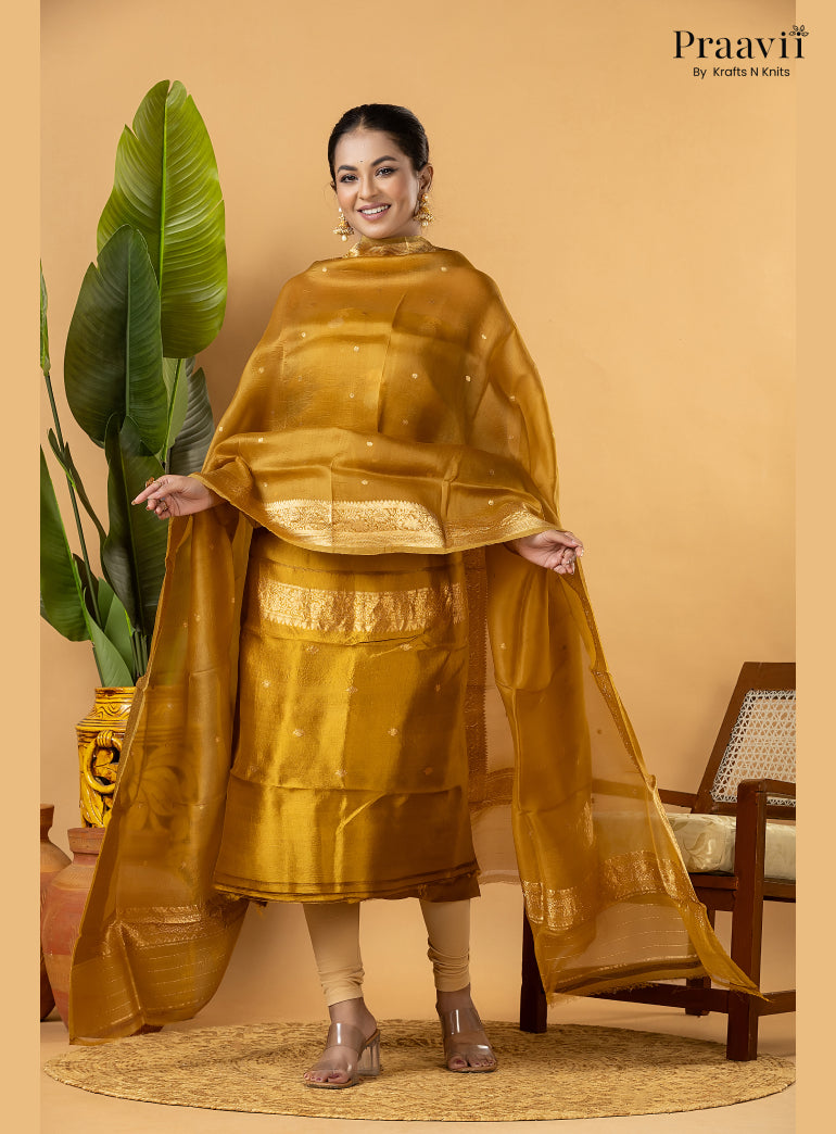Lime Gold Pure Banarasi Silk Suit Set