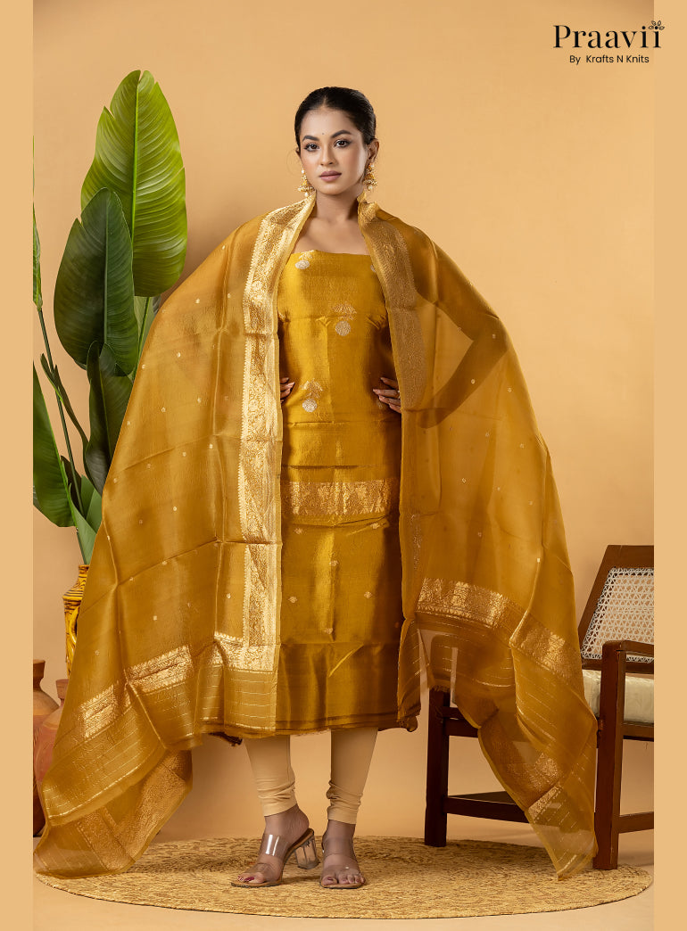 Lime Gold Pure Banarasi Silk Suit Set