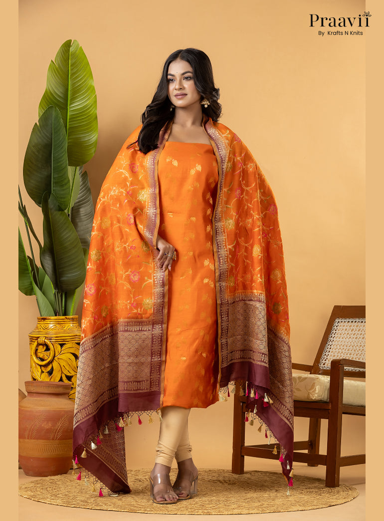 Orange Pure Banarasi Silk Suit Set
