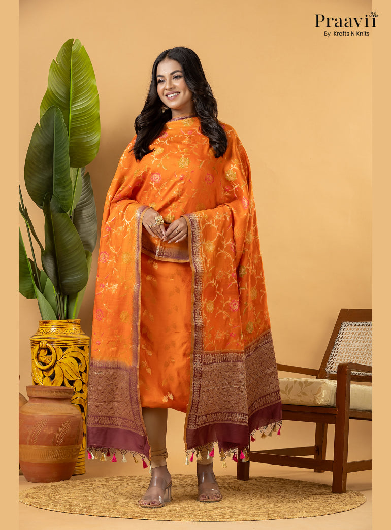 Orange Pure Banarasi Silk Suit Set
