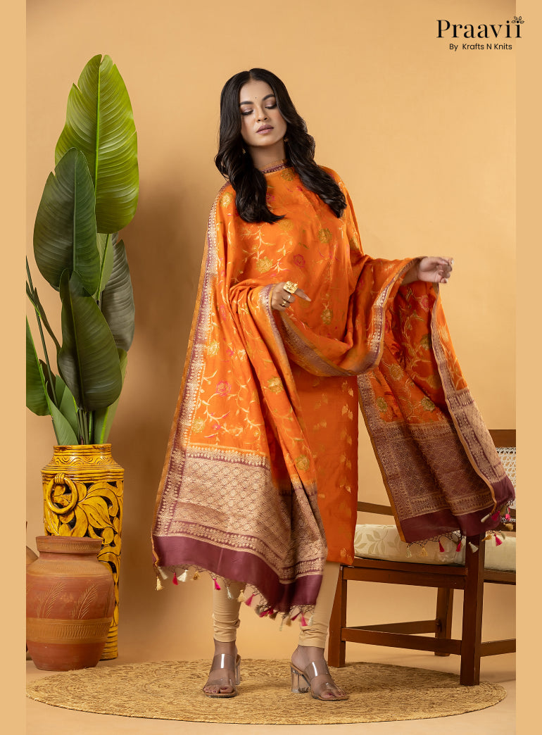Orange Pure Banarasi Silk Suit Set