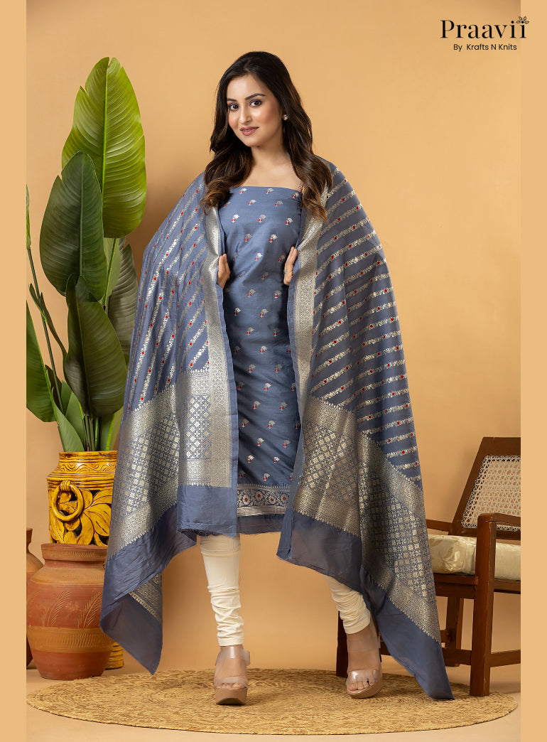 Ice blue Unstitched Pure Banarasi Silk Suit Set