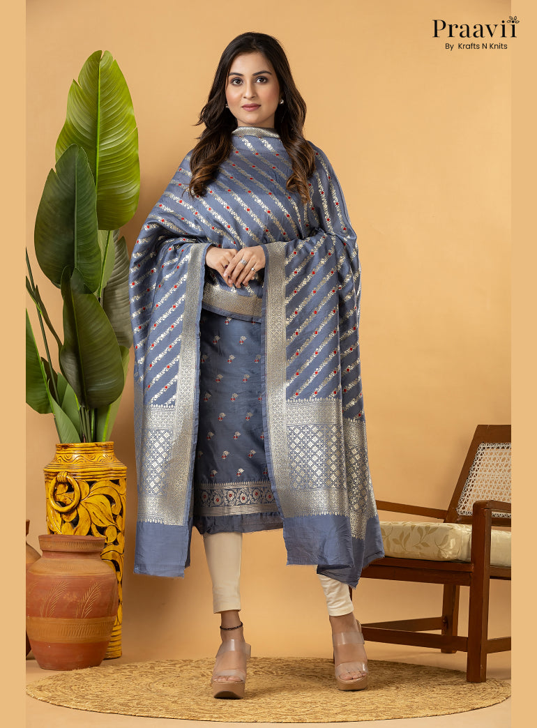 Ice blue Unstitched Pure Banarasi Silk Suit Set