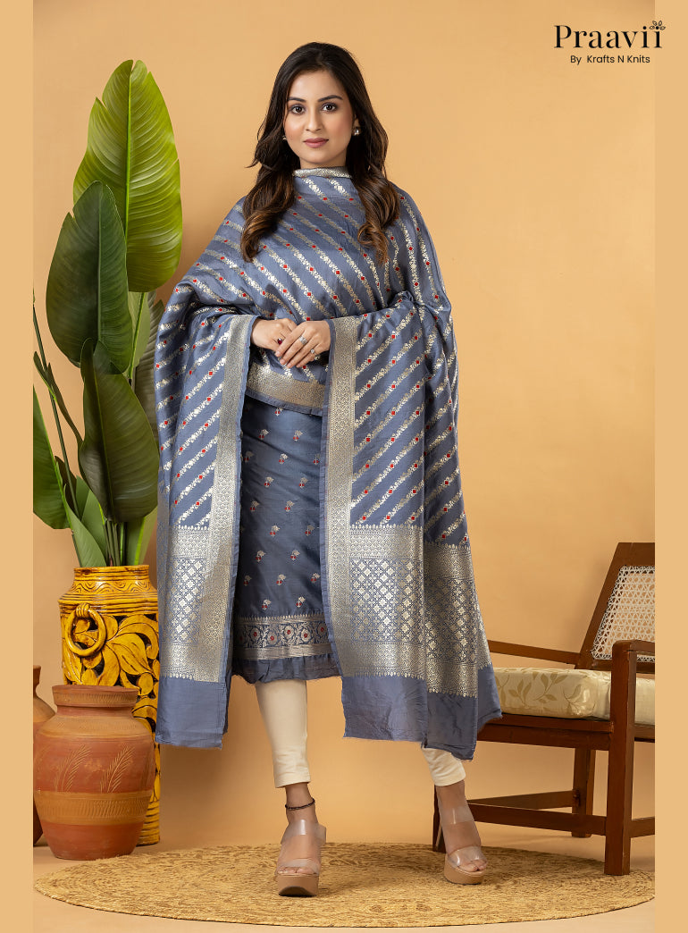 Ice blue Unstitched Pure Banarasi Silk Suit Set