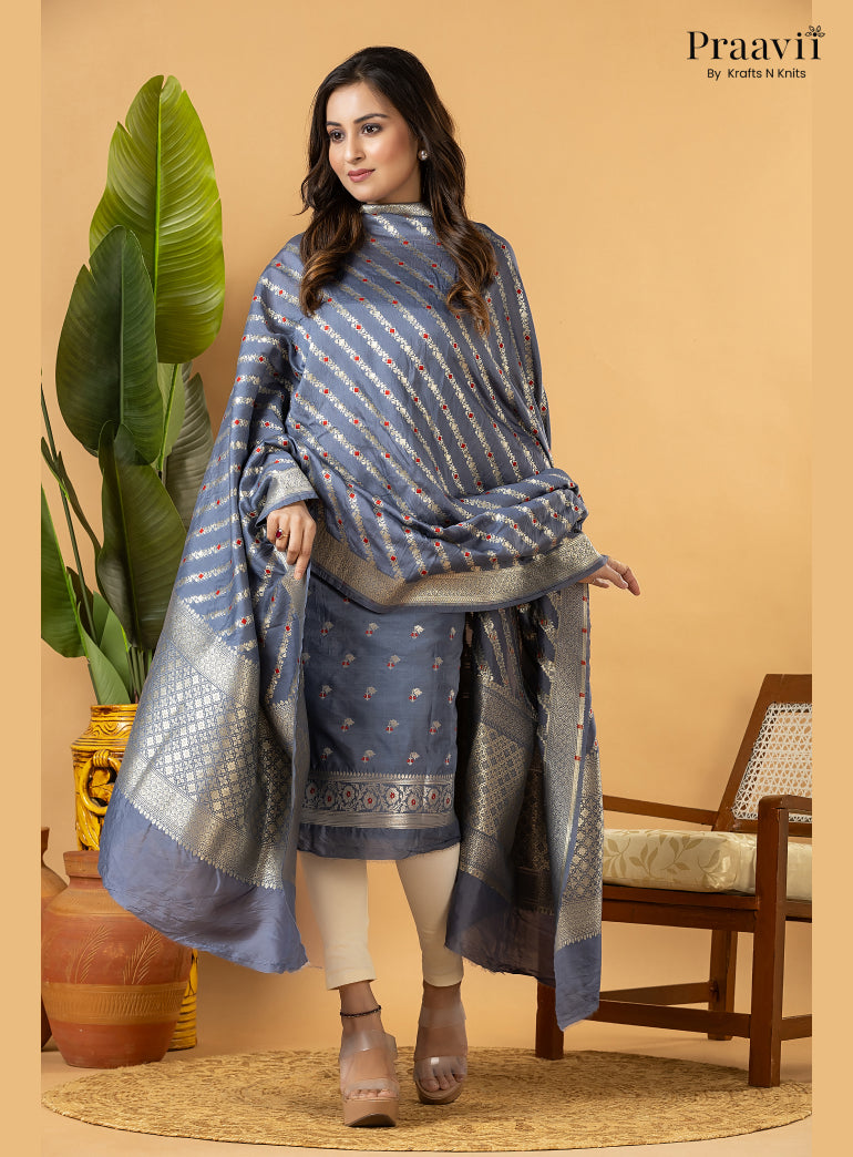 Ice blue Unstitched Pure Banarasi Silk Suit Set