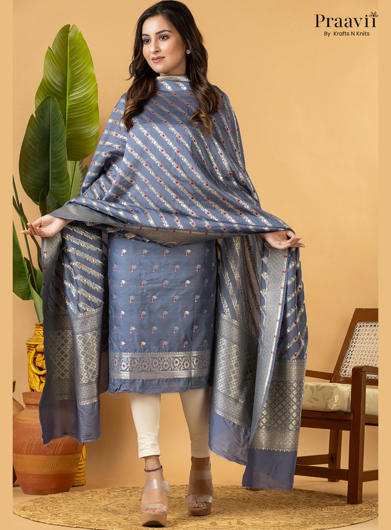 Ice blue Unstitched Pure Banarasi Silk Suit Set