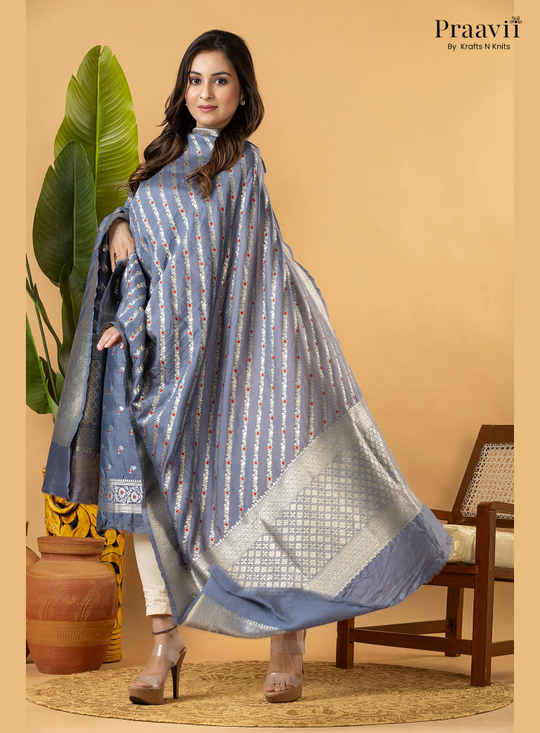 Ice blue Unstitched Pure Banarasi Silk Suit Set