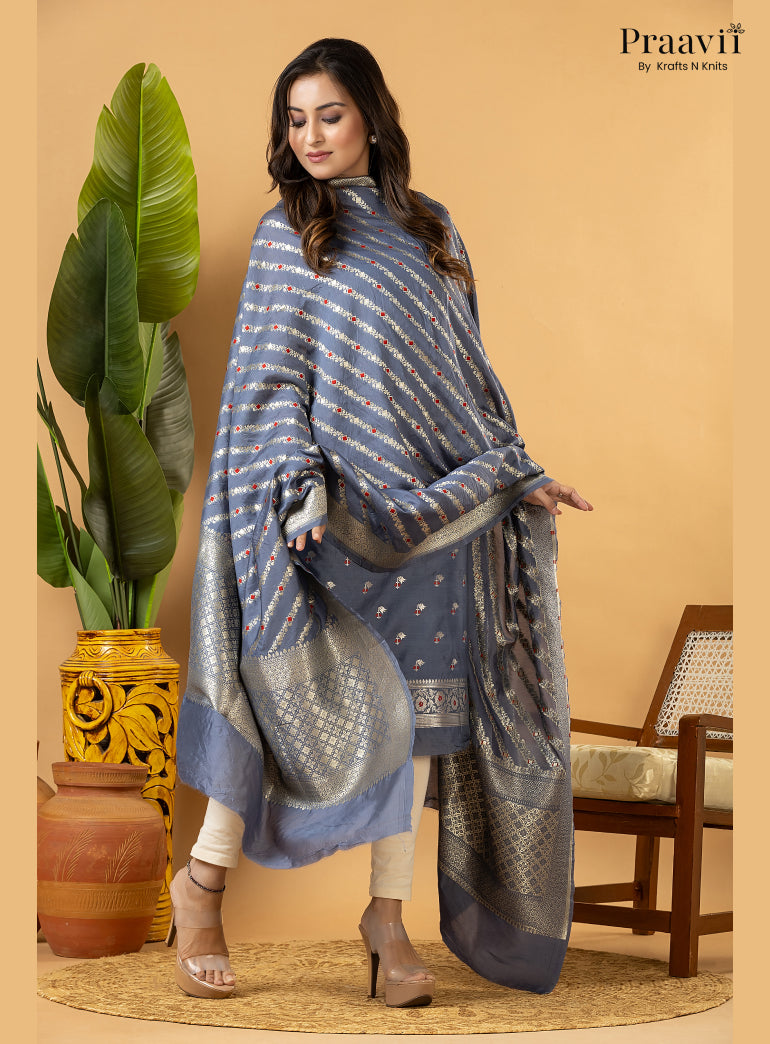Ice blue Unstitched Pure Banarasi Silk Suit Set