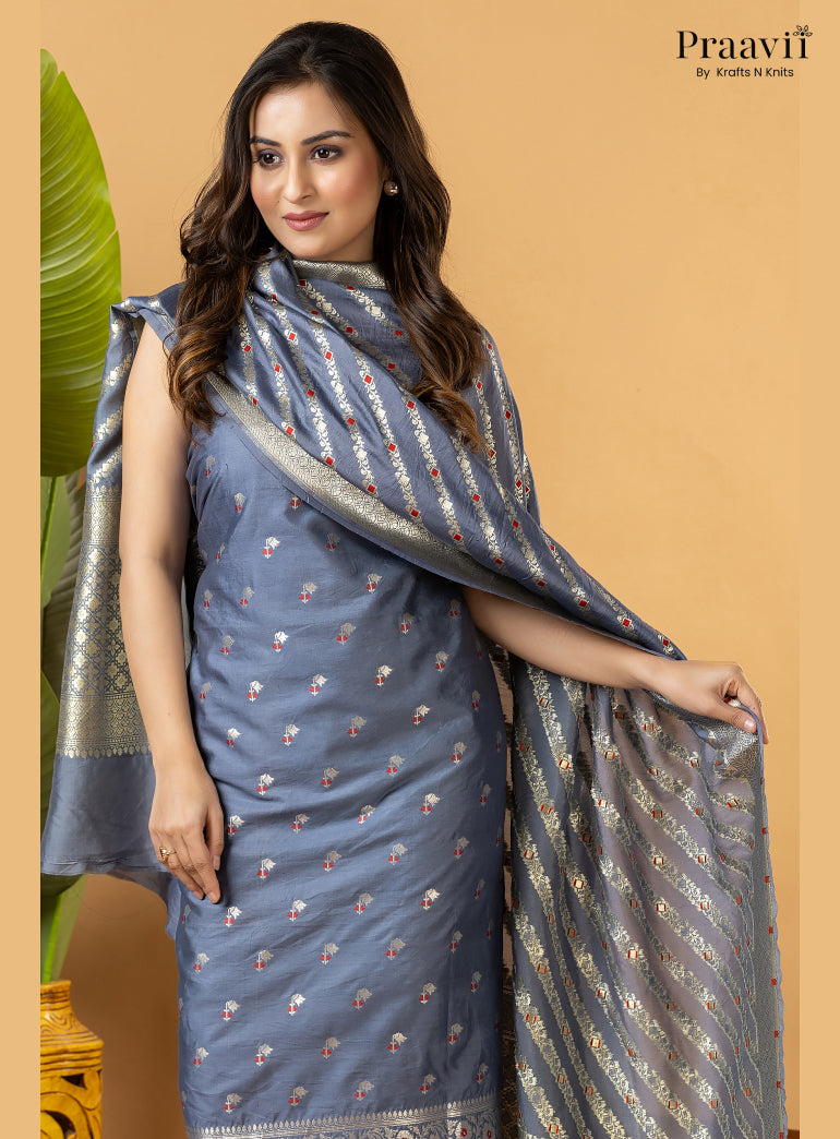 Ice blue Unstitched Pure Banarasi Silk Suit Set
