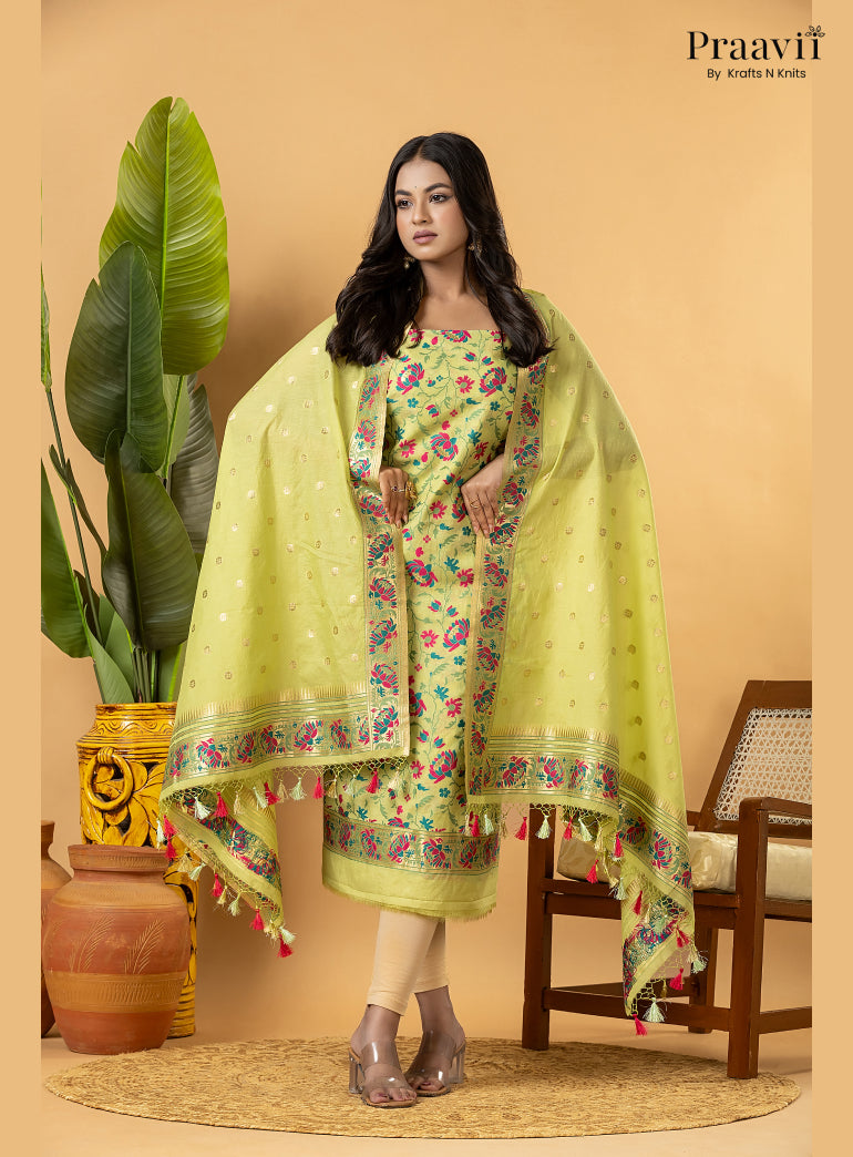 Yellow Banarasi Silk Suit Set with Meenakari Weaving